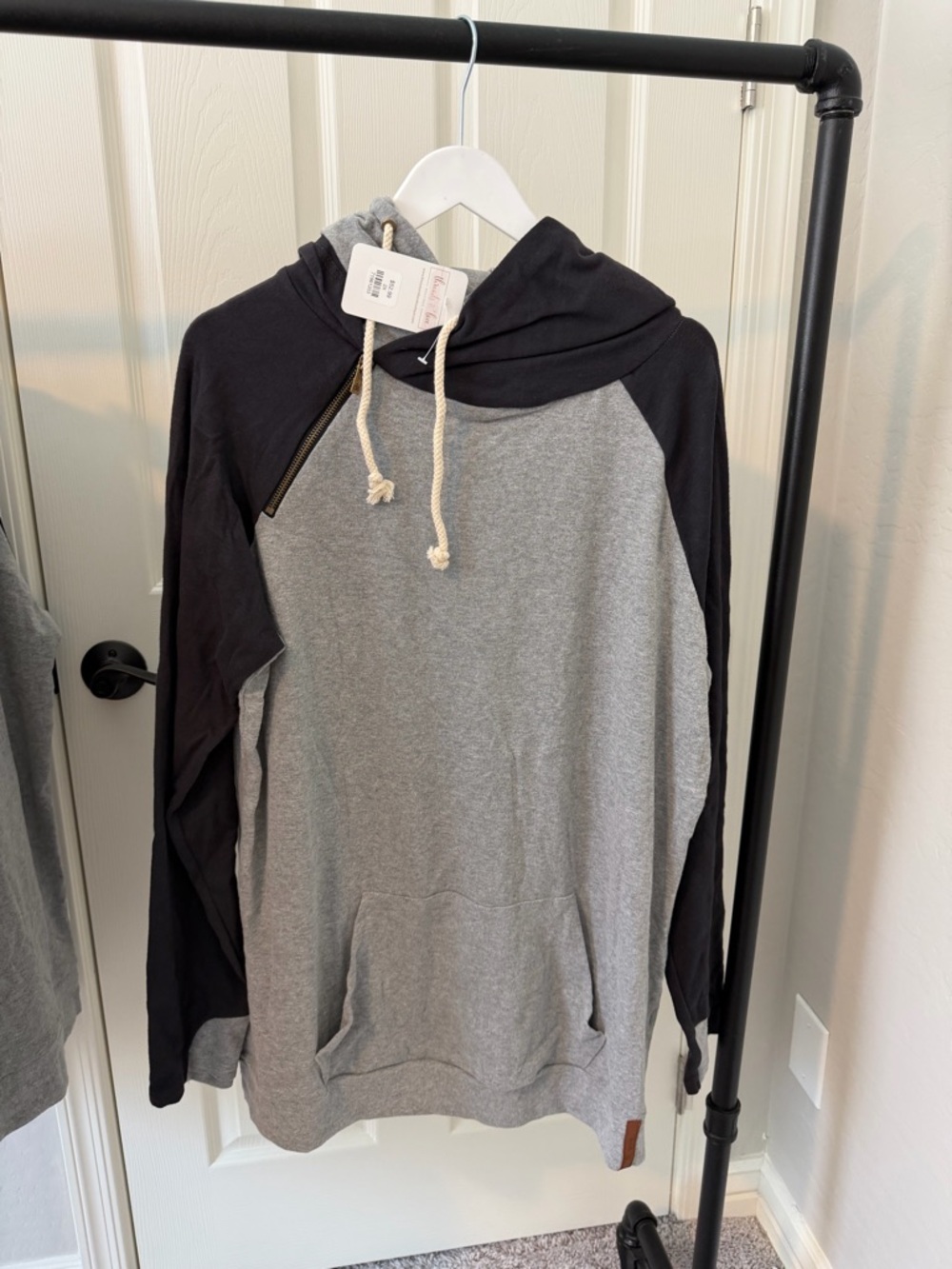 Two-Tone Gray and Black Double Hoodie Pullover with Drawstring